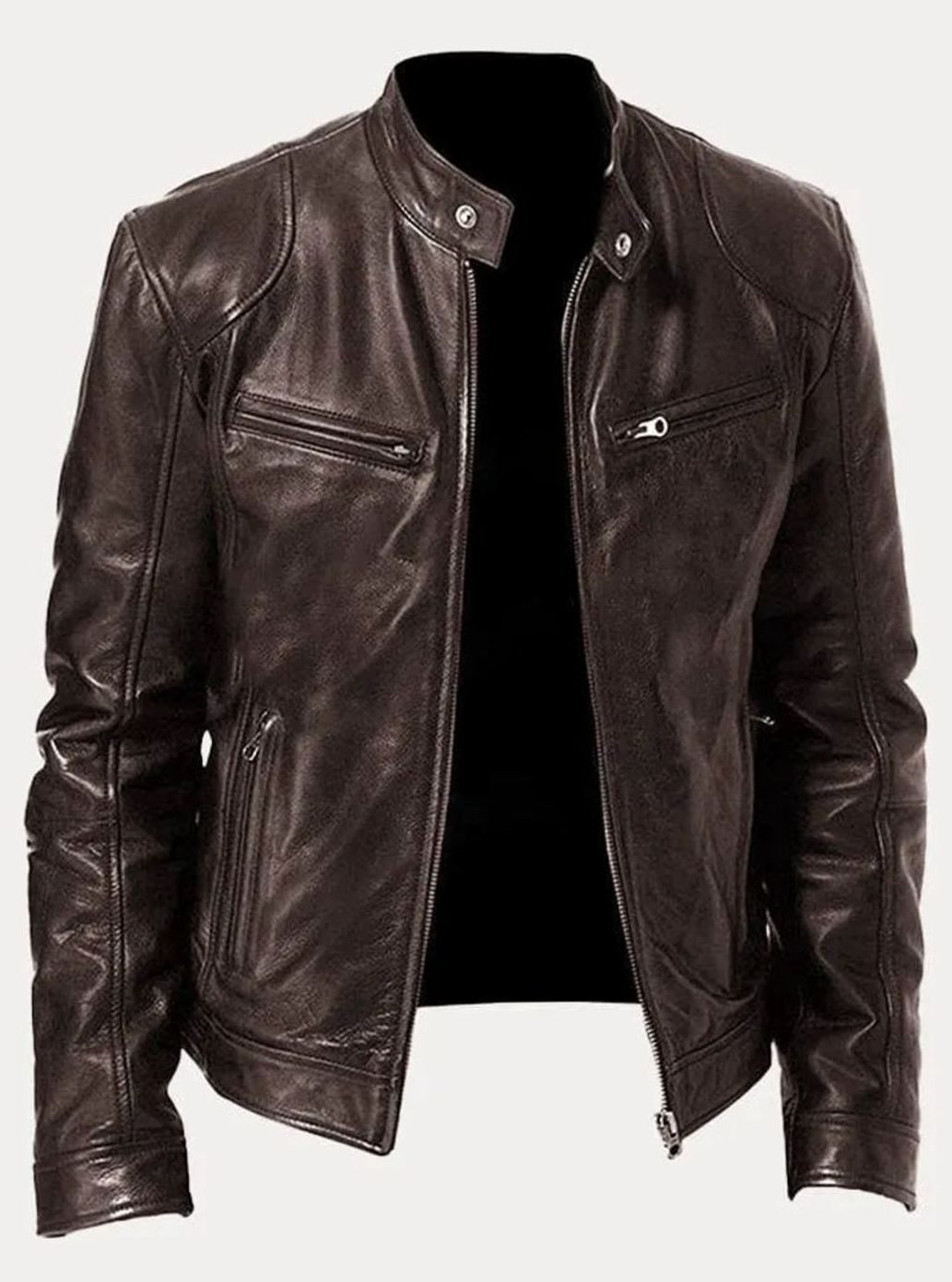 Men's Zip-Up Biker Casual Jacket Stand Collar Faux Leather - Brown