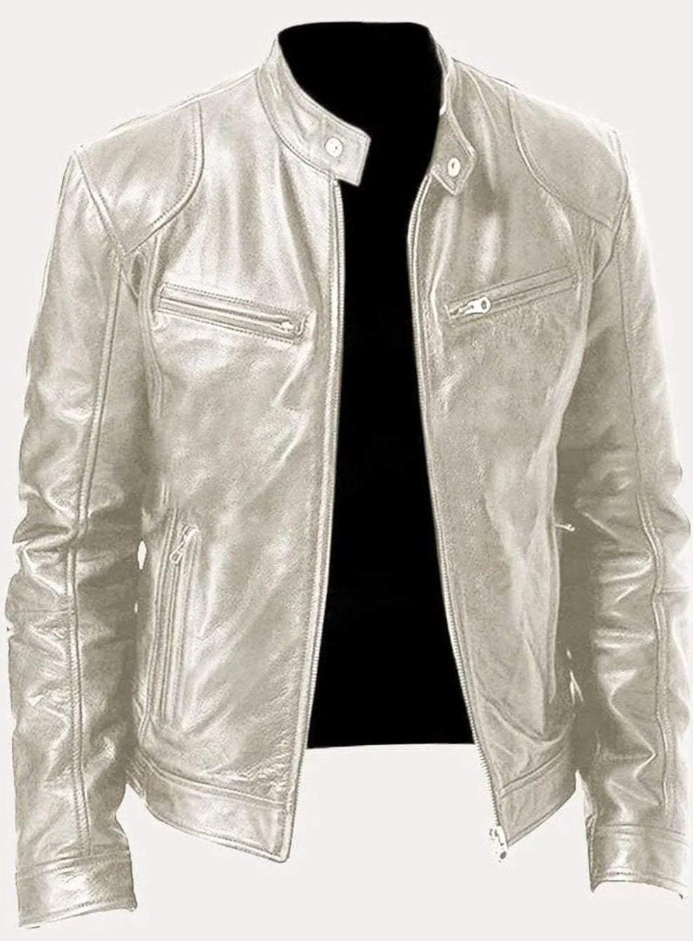 Men's Zip-Up Biker Casual Jacket Stand Collar Faux Leather - Silver