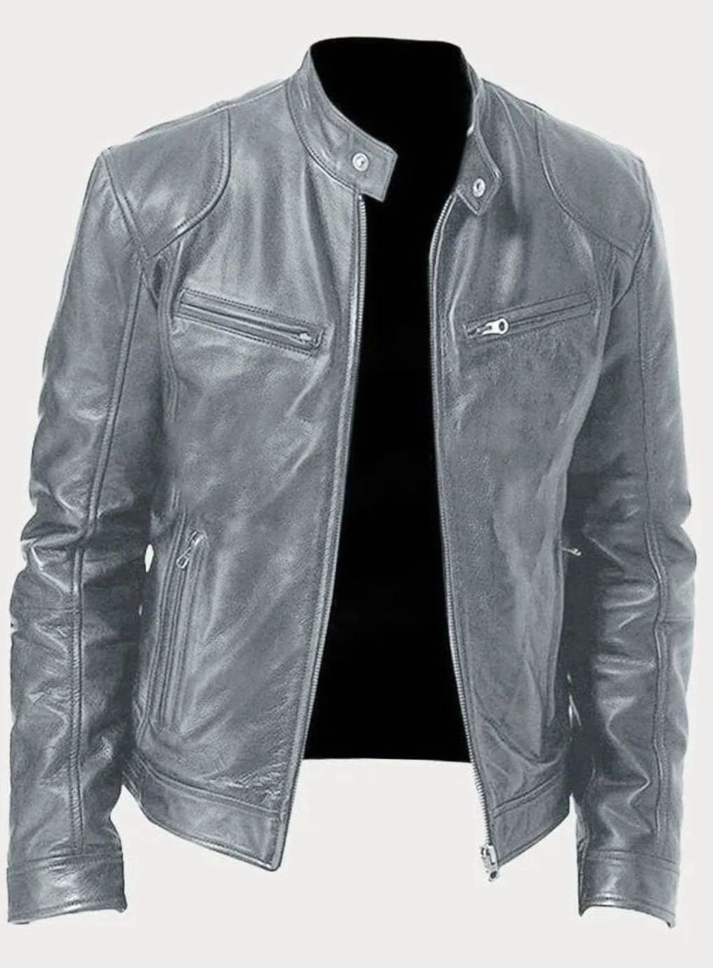 Men's Zip-Up Biker Casual Jacket Stand Collar Faux Leather - Gray