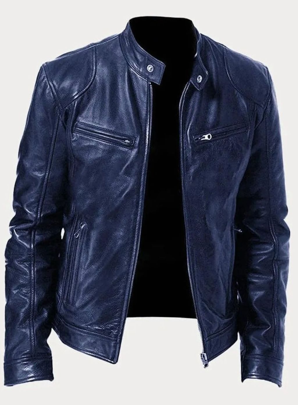 Men's Zip-Up Biker Casual Jacket Stand Collar Faux Leather - Navy