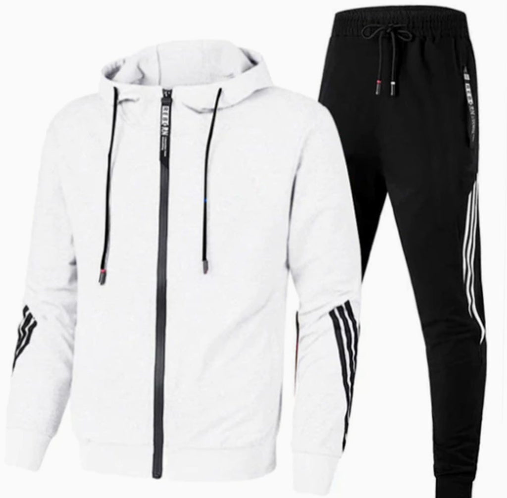 Men's Zip-Up Casual Hoodie Slim Jogger Tracksuit Set - White