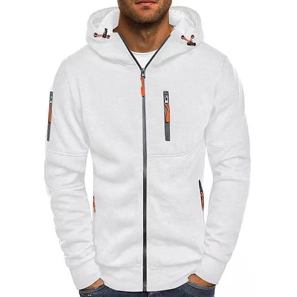 Men's Zip-Up Hooded Knit Sweater Fleece Drawstring Pullover - White