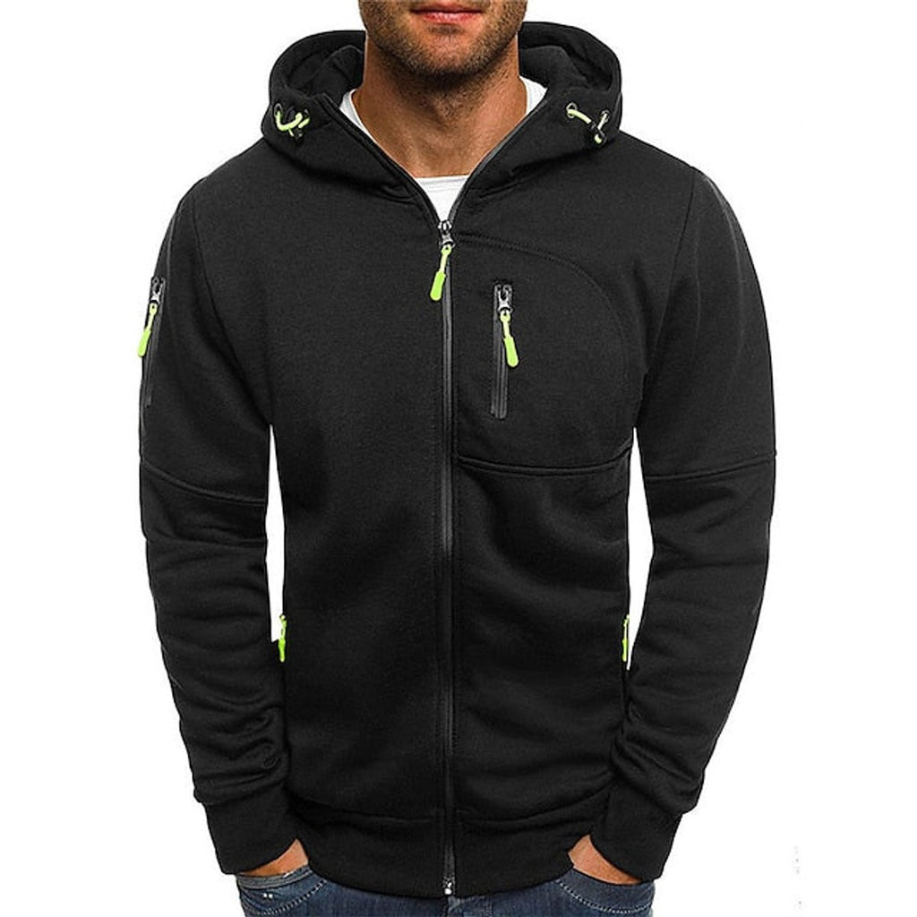 Men's Zip-Up Hooded Knit Sweater Fleece Drawstring Pullover - Black