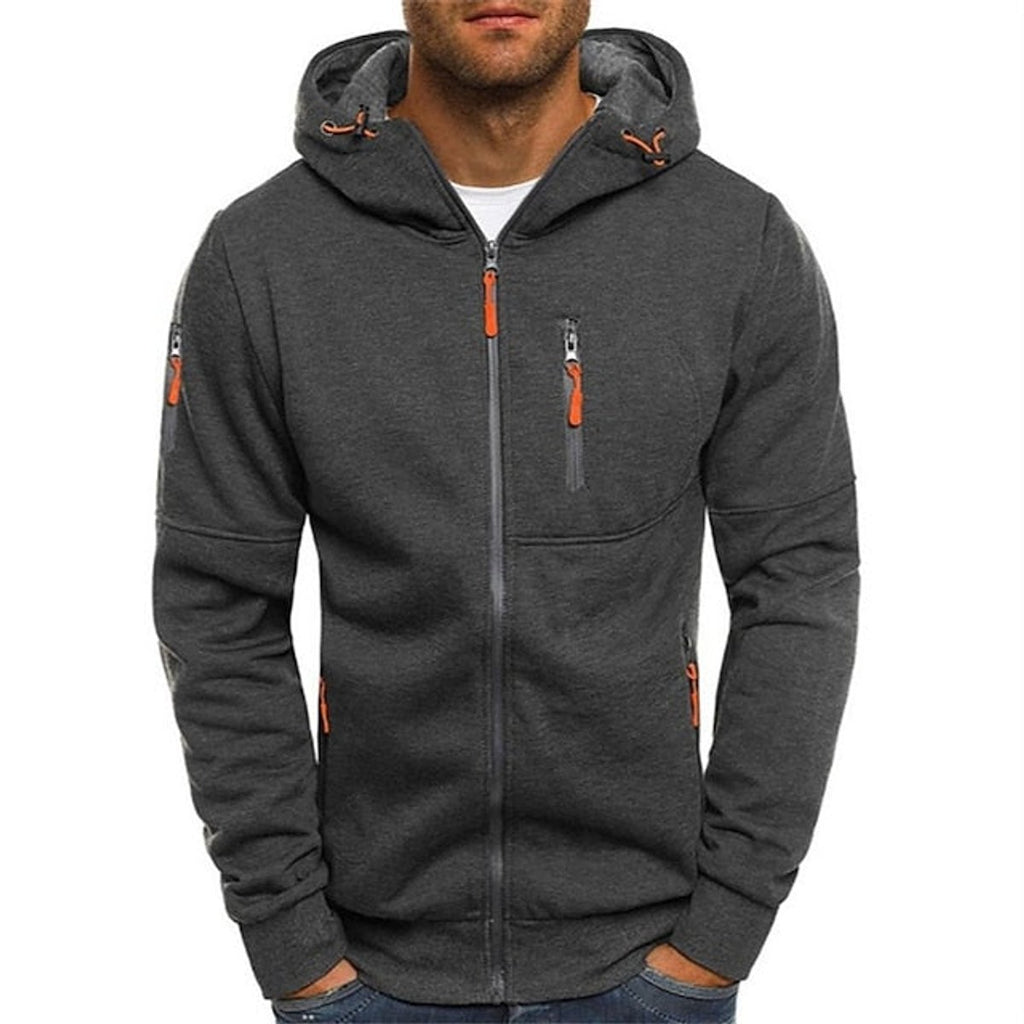 Men's Zip-Up Hooded Knit Sweater Fleece Drawstring Pullover - Dark Gray