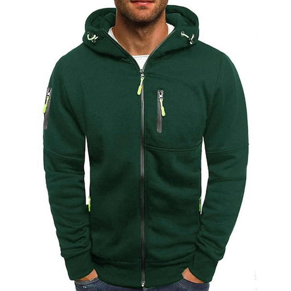 Men's Zip-Up Hooded Knit Sweater Fleece Drawstring Pullover - Green