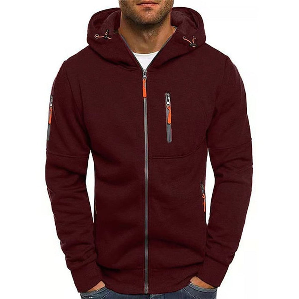 Men's Zip-Up Hooded Knit Sweater Fleece Drawstring Pullover - Burgundy