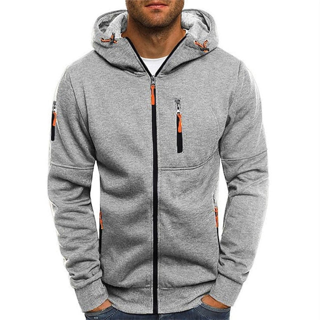Men's Zip-Up Hooded Knit Sweater Fleece Drawstring Pullover - Light Gray