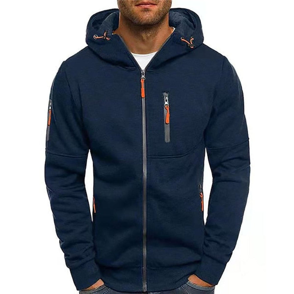 Men's Zip-Up Hooded Knit Sweater Fleece Drawstring Pullover - Navy