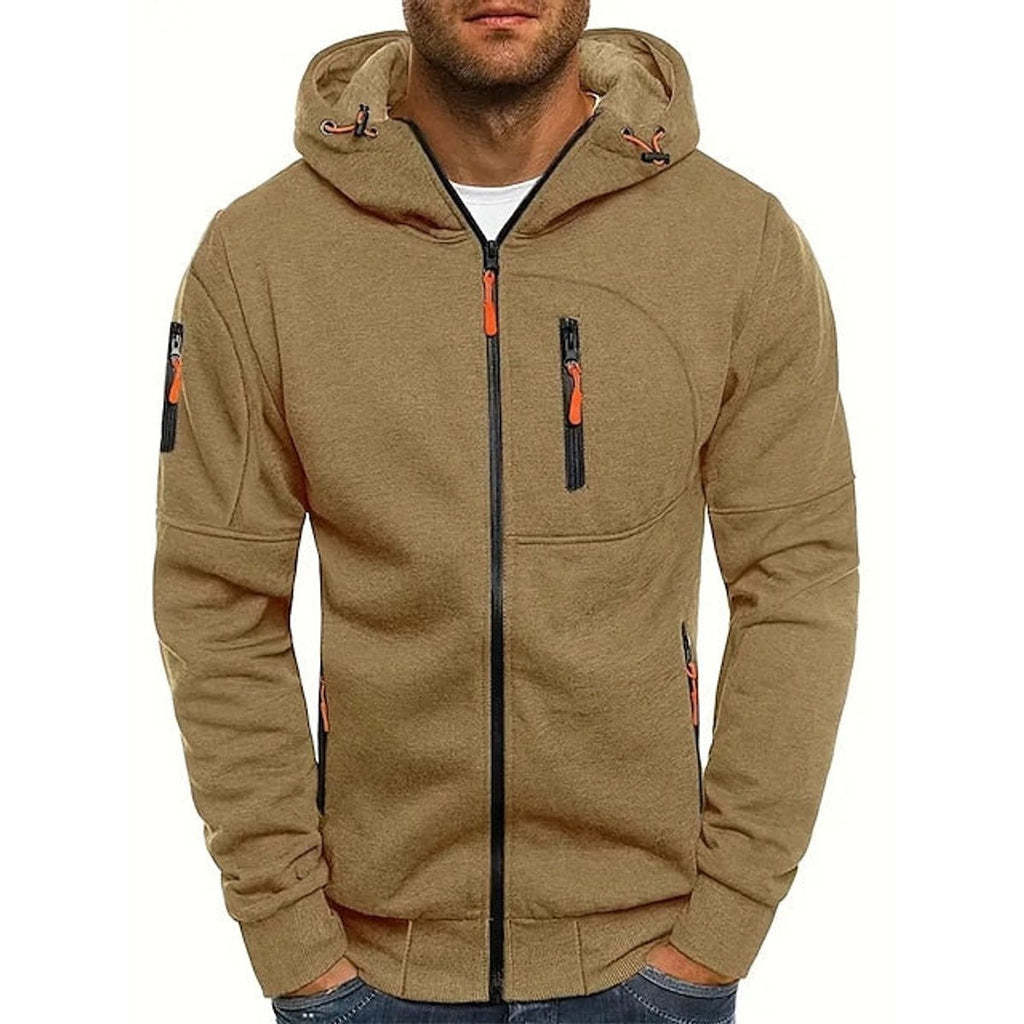 Men's Zip-Up Hooded Knit Sweater Fleece Drawstring Pullover - Khaki