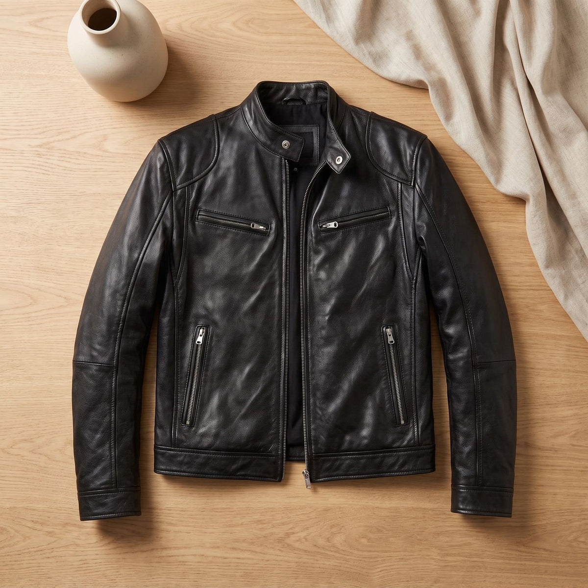 Men's Zip-Up Leather Winter Jacket Structured Collar
