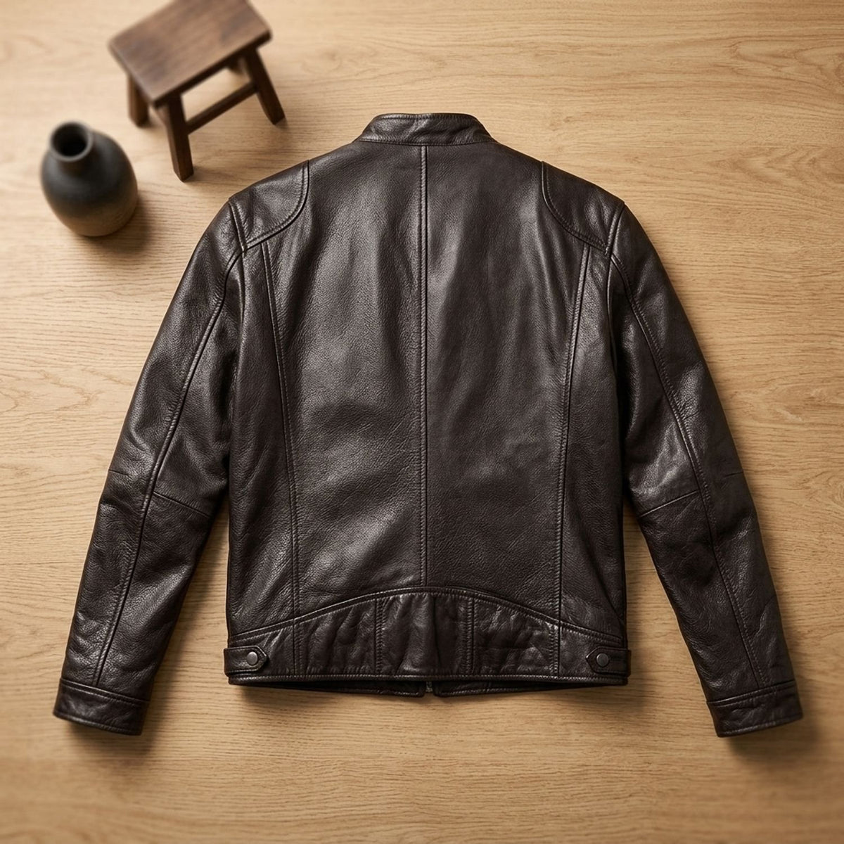 Men's Zip-Up Leather Winter Jacket Structured Collar