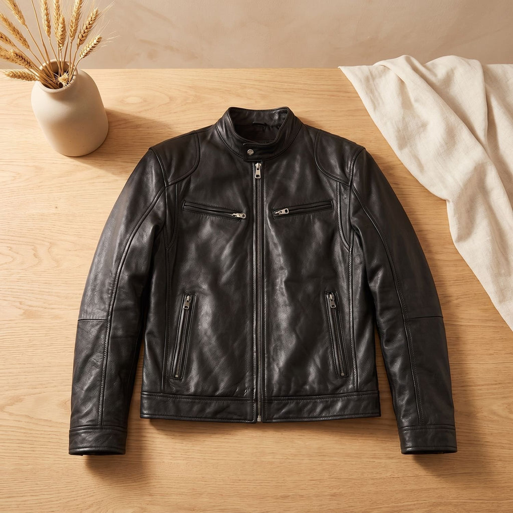 Men's Zip-Up Leather Winter Jacket Structured Collar - Black