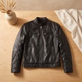 Men's Zip-Up Leather Winter Jacket Structured Collar - Black