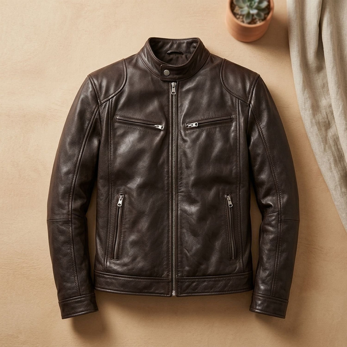 Men's Zip-Up Leather Winter Jacket Structured Collar - Dark Brown