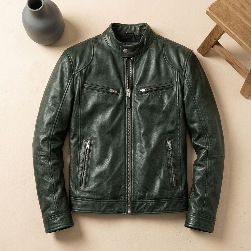 Men's Zip-Up Leather Winter Jacket Structured Collar - Dark Green