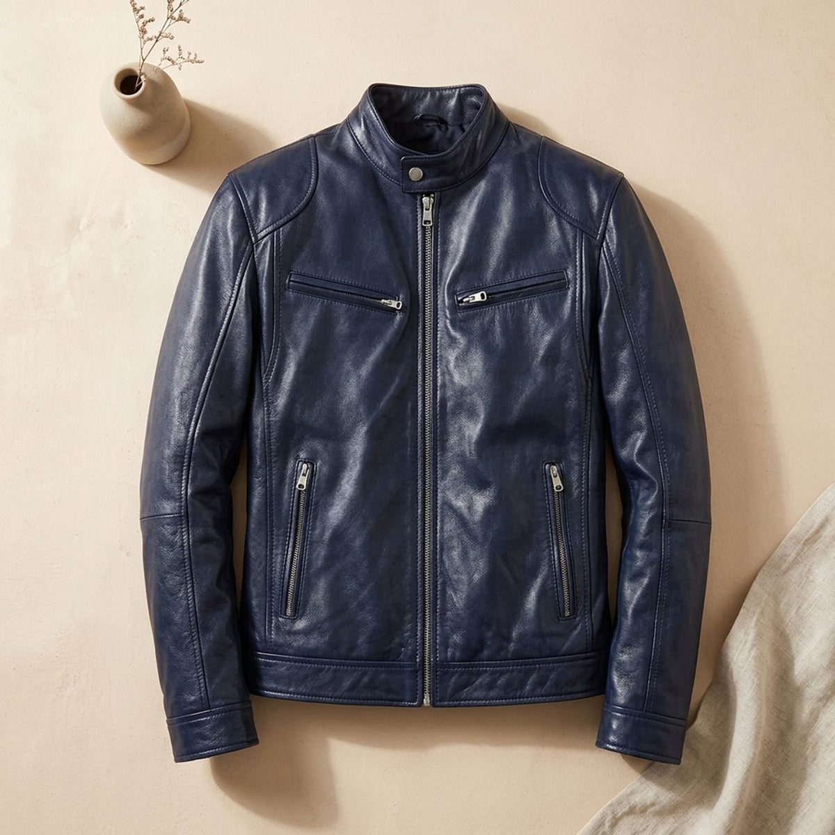 Men's Zip-Up Leather Winter Jacket Structured Collar - Dark Blue