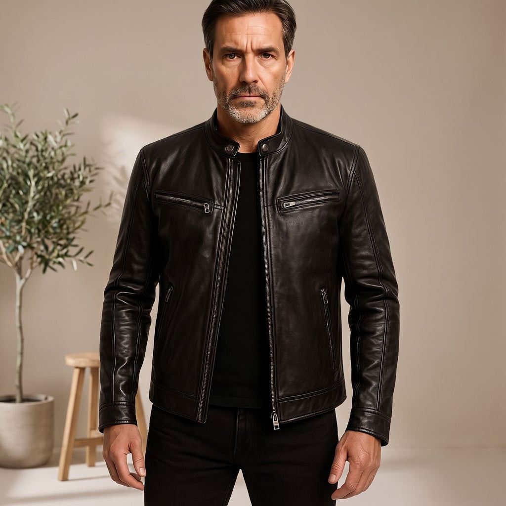 Men's Zip-Up Leather Winter Jacket Structured Collar