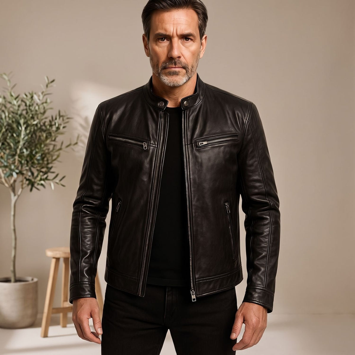 Men's Zip-Up Leather Winter Jacket Structured Collar