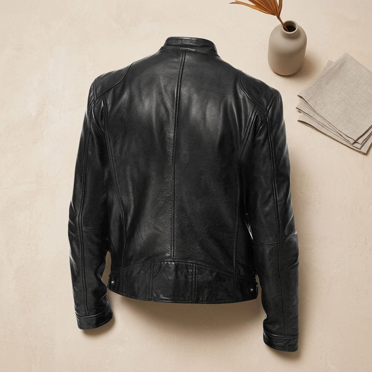 Men's Zip-Up Leather Winter Jacket Structured Collar