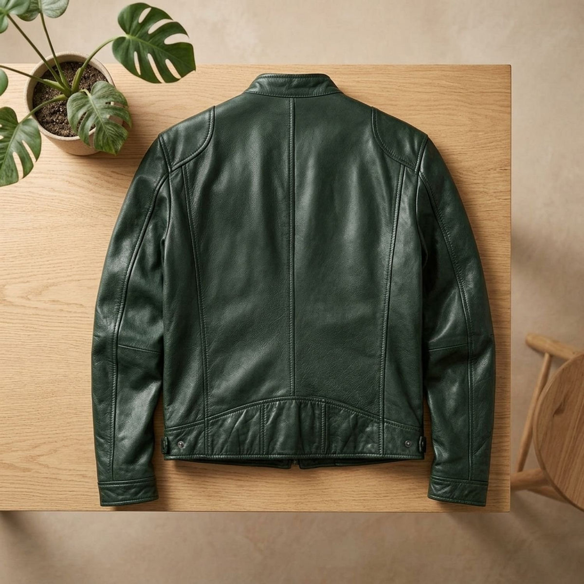 Men's Zip-Up Leather Winter Jacket Structured Collar