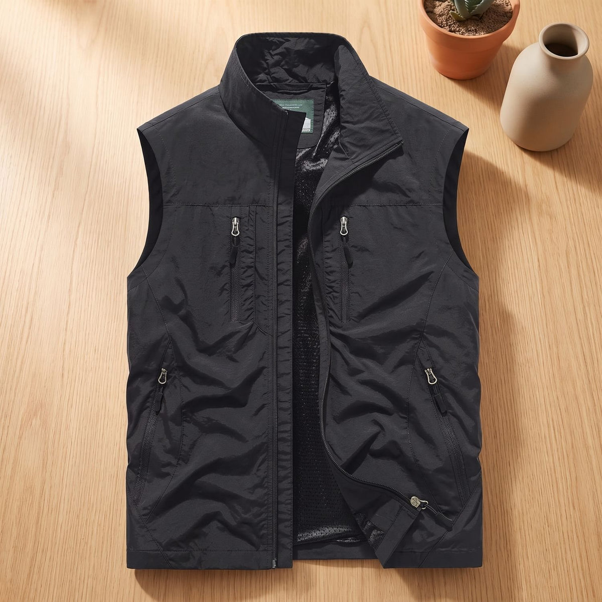 Men's Zip-Up Multi-Pocket Lightweight Outdoor Vest - Black