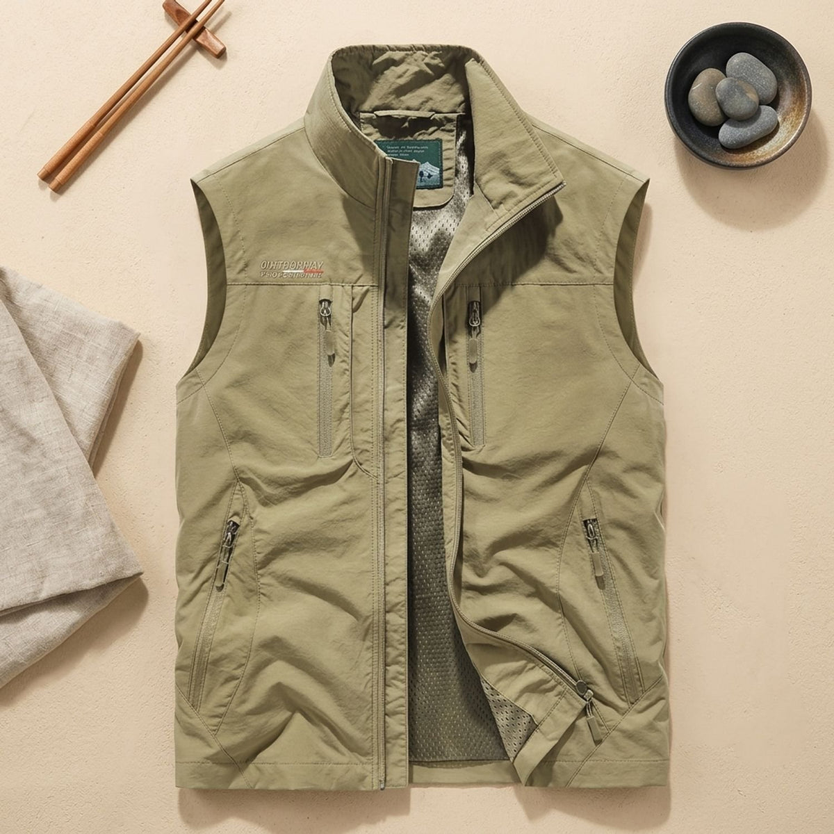 Men's Zip-Up Multi-Pocket Lightweight Outdoor Vest - Khaki