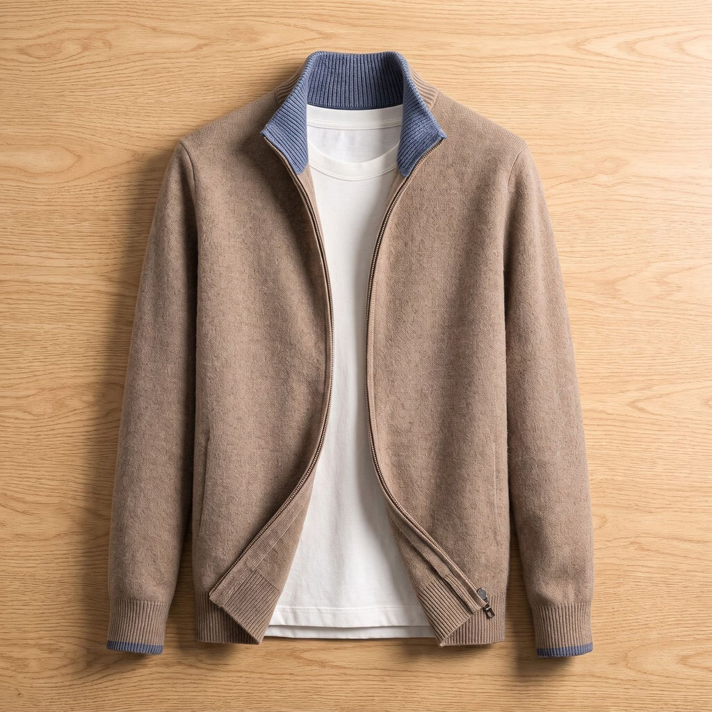 Men's Zip-Up Stand-Collar Knit Cardigan Coat - Dark Beige
