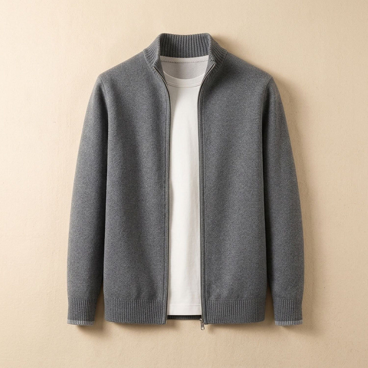 Men's Zip-Up Stand-Collar Knit Cardigan Coat - Gray