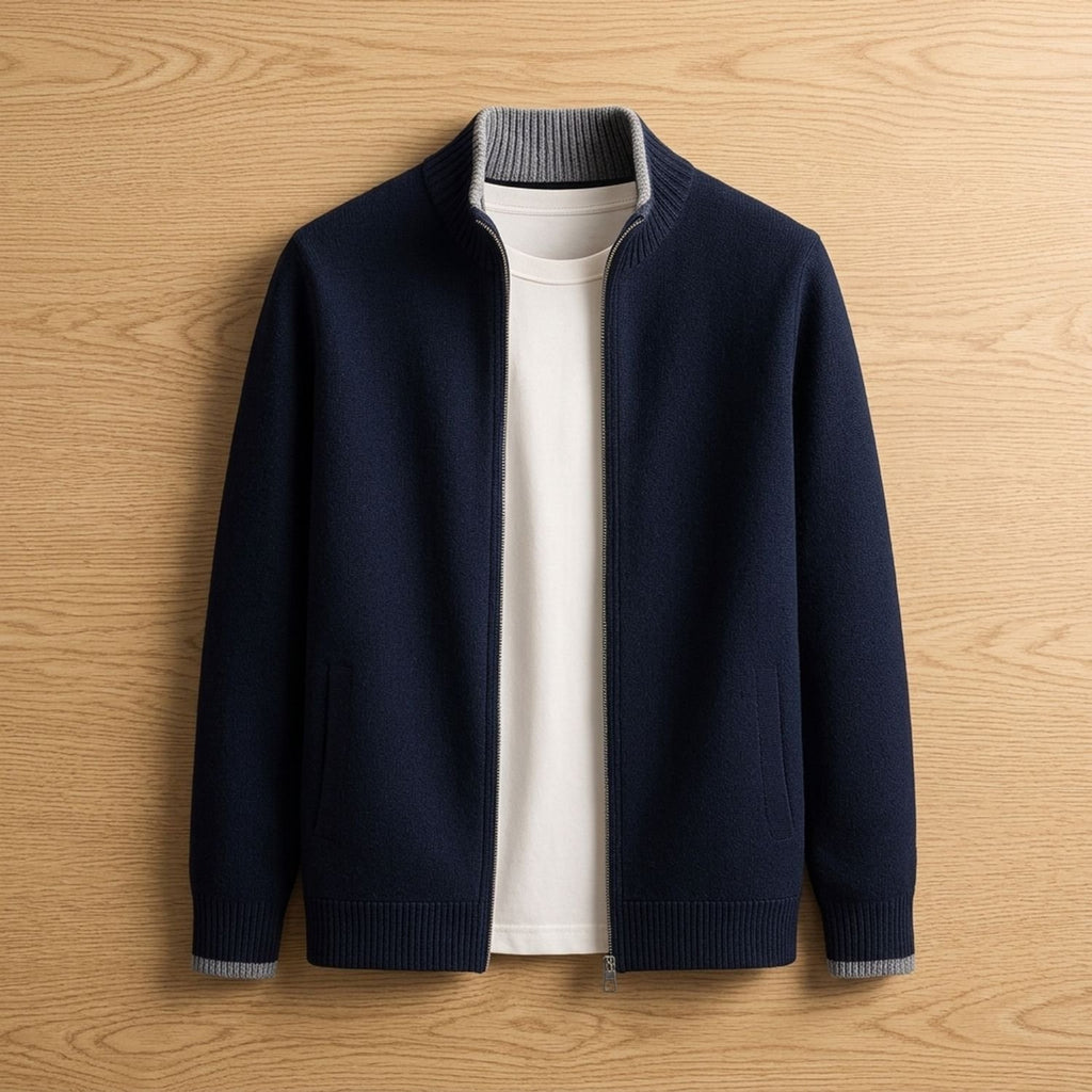 Men's Zip-Up Stand-Collar Knit Cardigan Coat - Blue