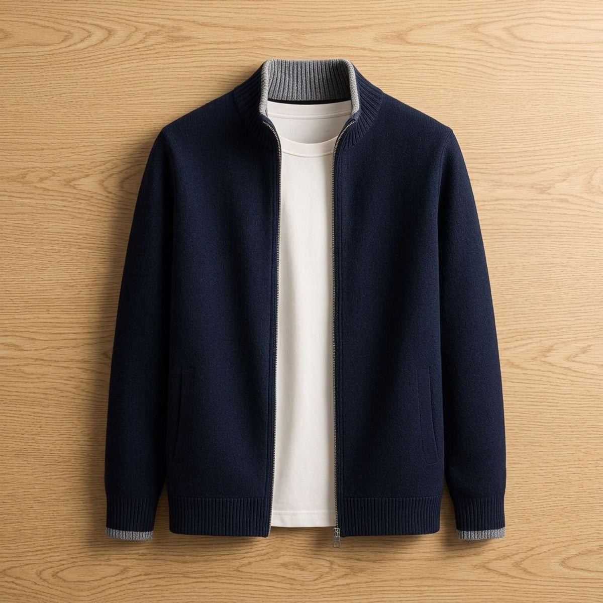Men's Zip-Up Stand-Collar Knit Cardigan Coat - Blue