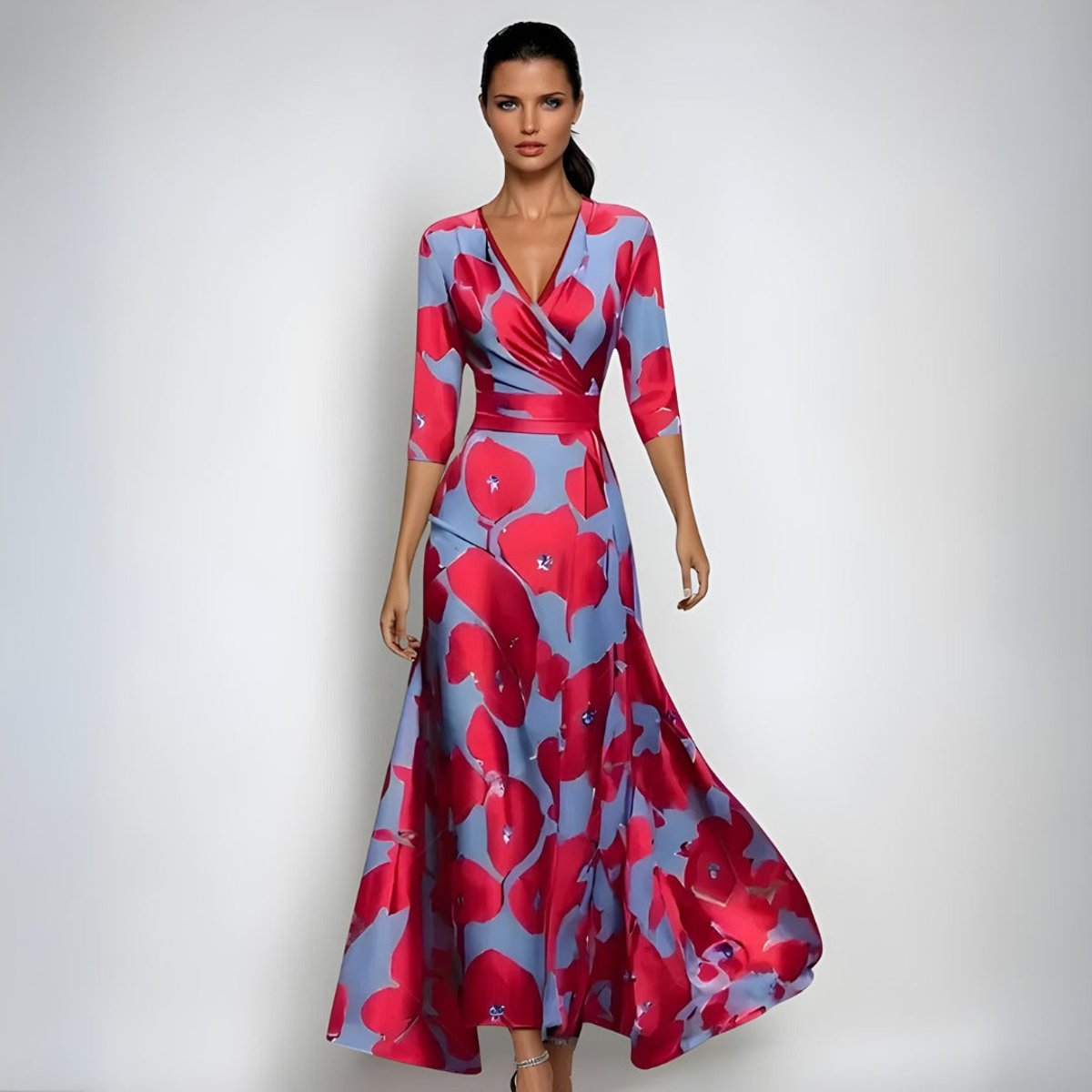 Mother of the Bride Dress Floral V-Neck Wrap Maxi Gown - Red/Blue