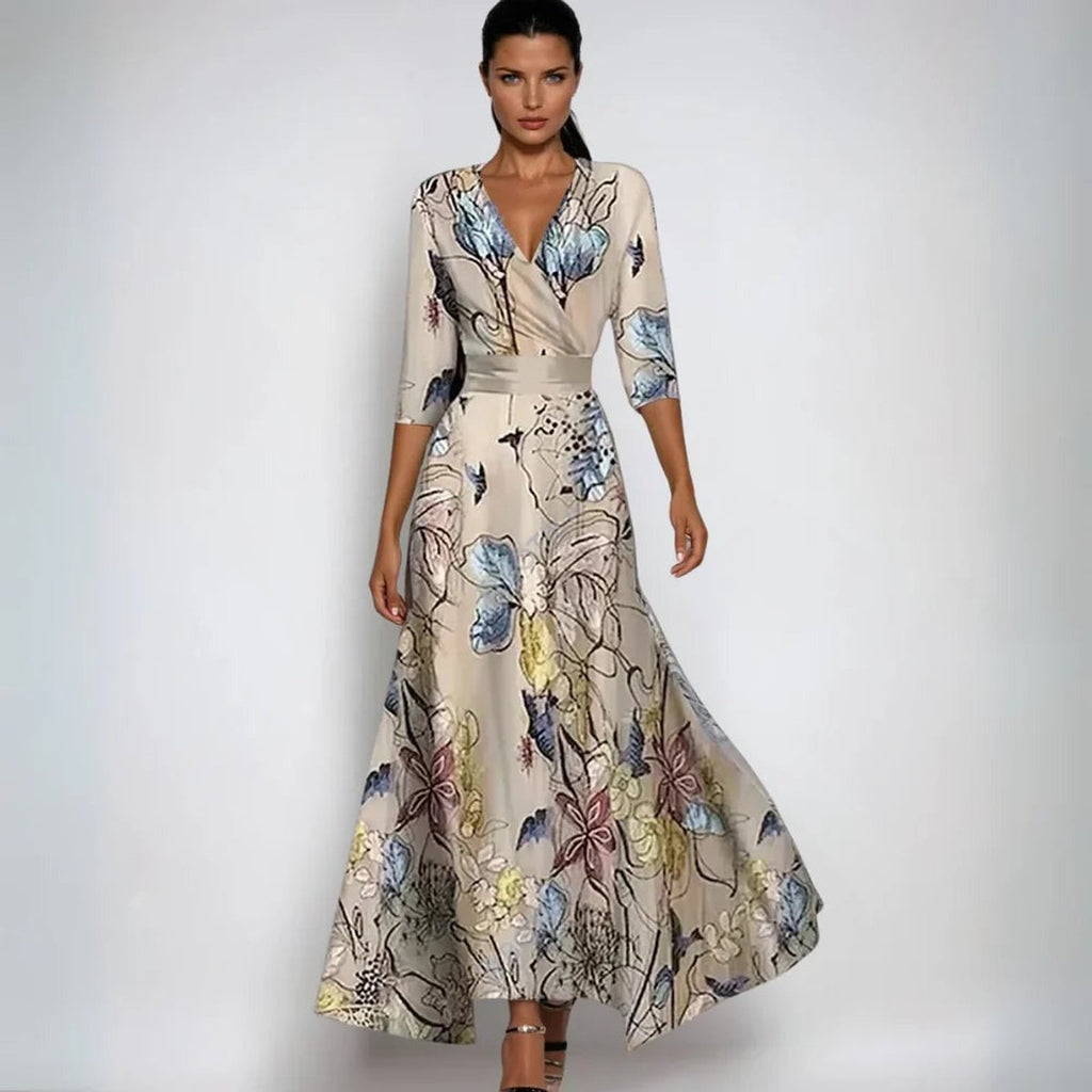 Mother of the Bride Dress Floral V-Neck Wrap Maxi Gown