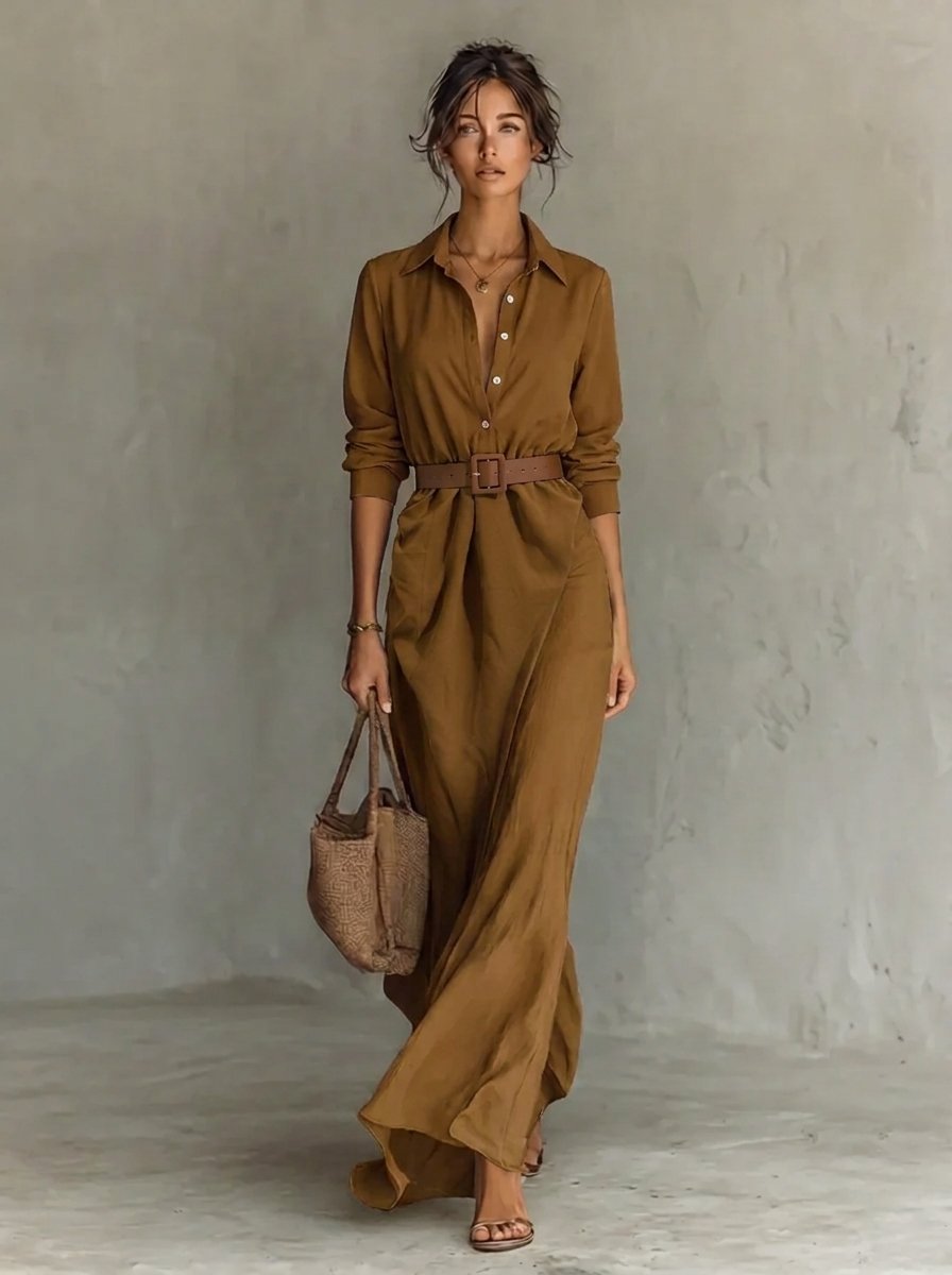 Women Belted Long-Sleeve Maxi Shirt Dress Sweater Women Style - Khaki