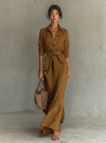 Women Belted Long-Sleeve Maxi Shirt Dress Sweater Women Style - Khaki