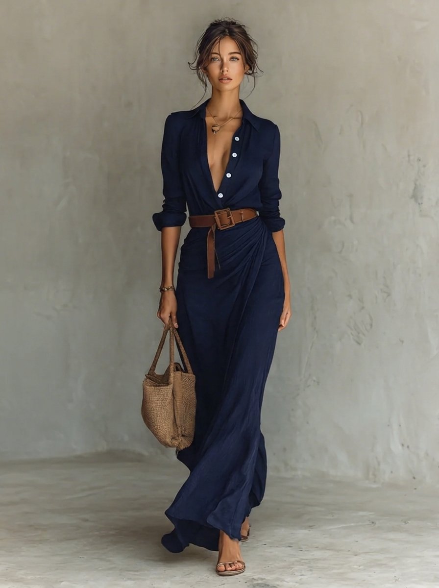 Women Belted Long-Sleeve Maxi Shirt Dress Sweater Women Style - Navy Blue
