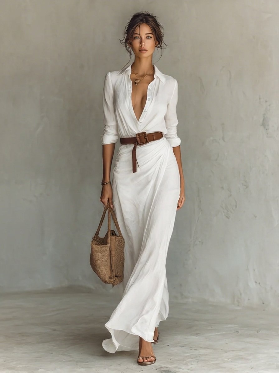 Women Belted Long-Sleeve Maxi Shirt Dress Sweater Women Style - White