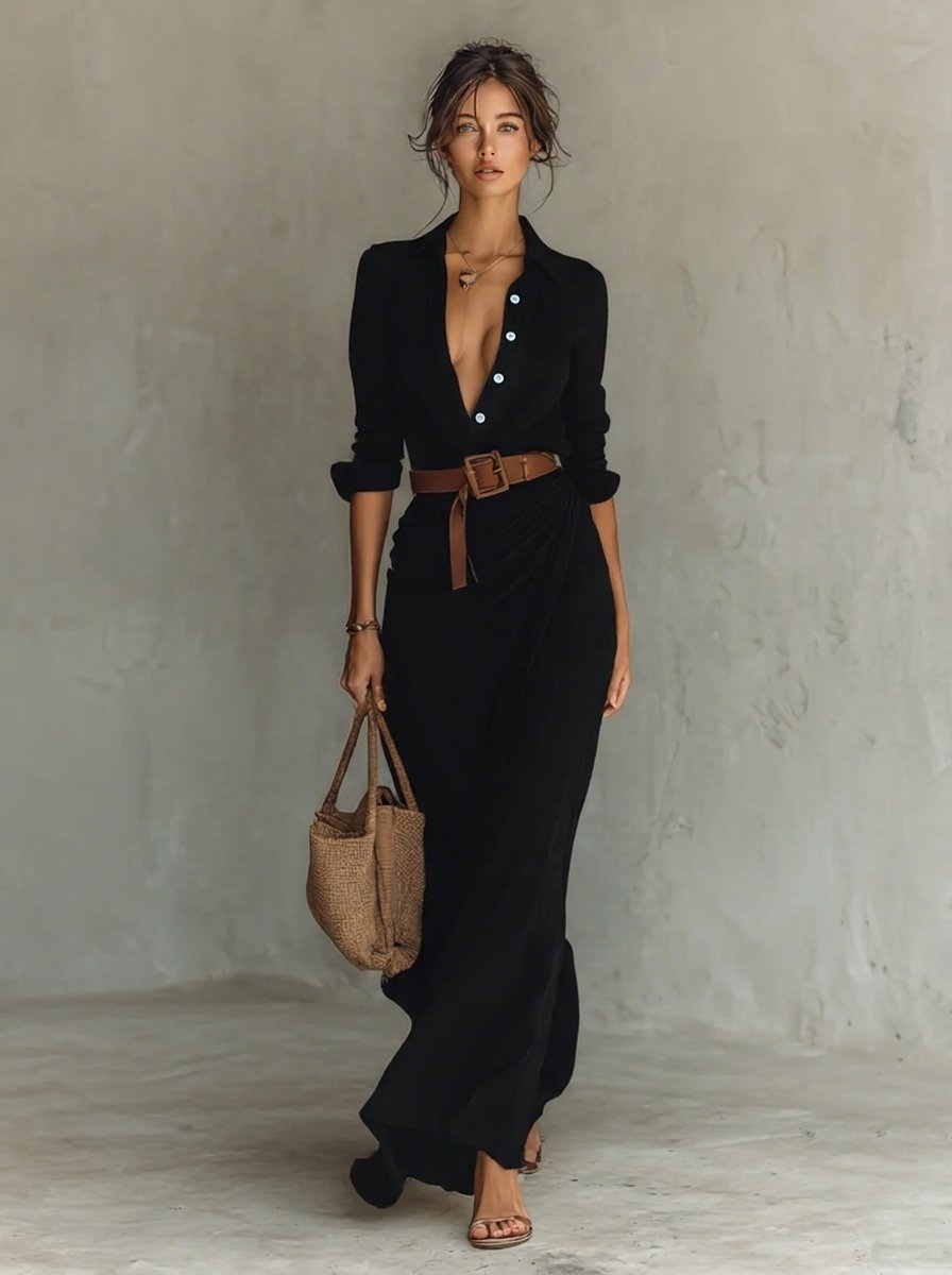 Women Belted Long-Sleeve Maxi Shirt Dress Sweater Women Style - Black