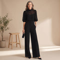 Women's 3 Piece Co Ord Set Sheer Mock-Neck Wide-Leg Pants - Black