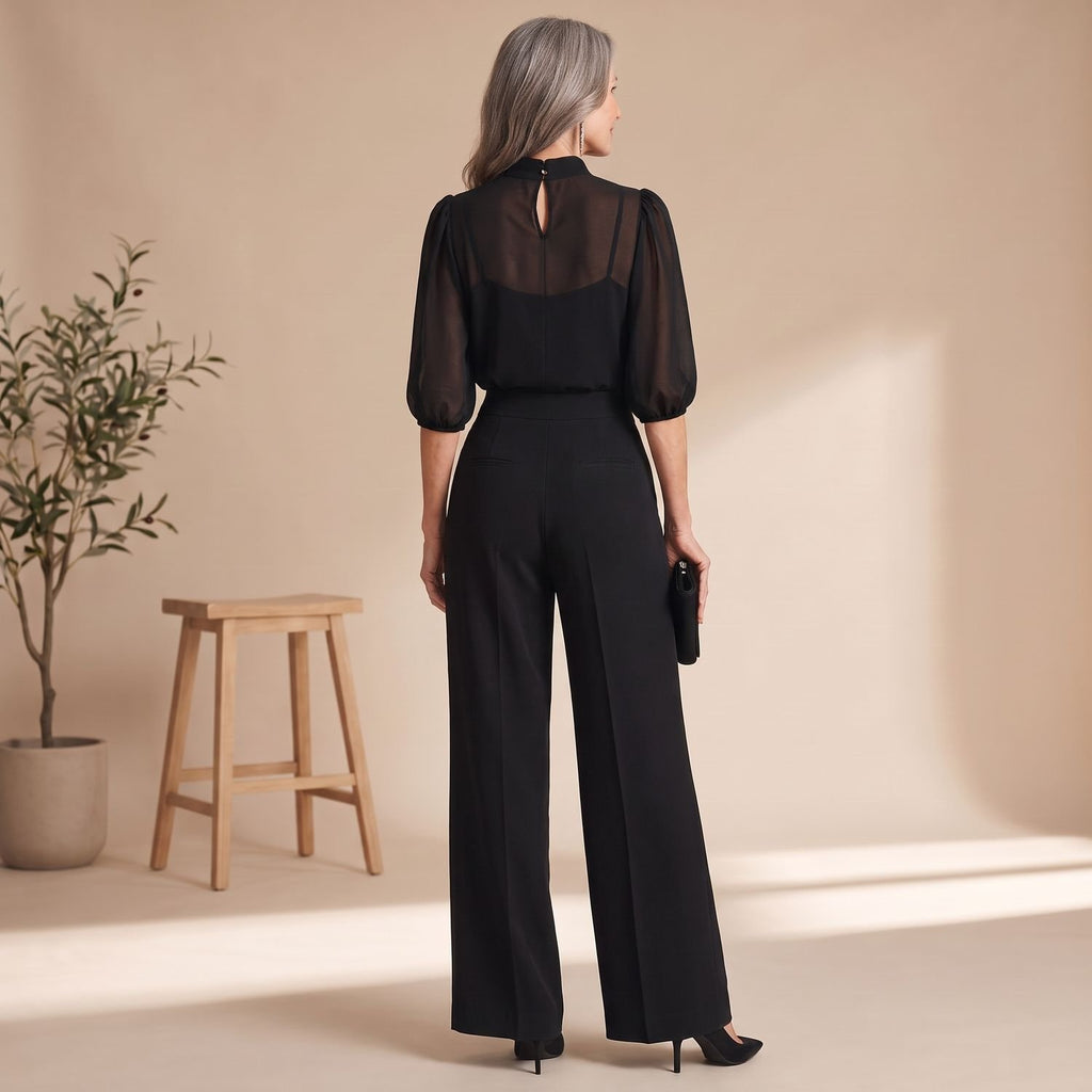 Women's 3 Piece Co Ord Set Sheer Mock-Neck Wide-Leg Pants