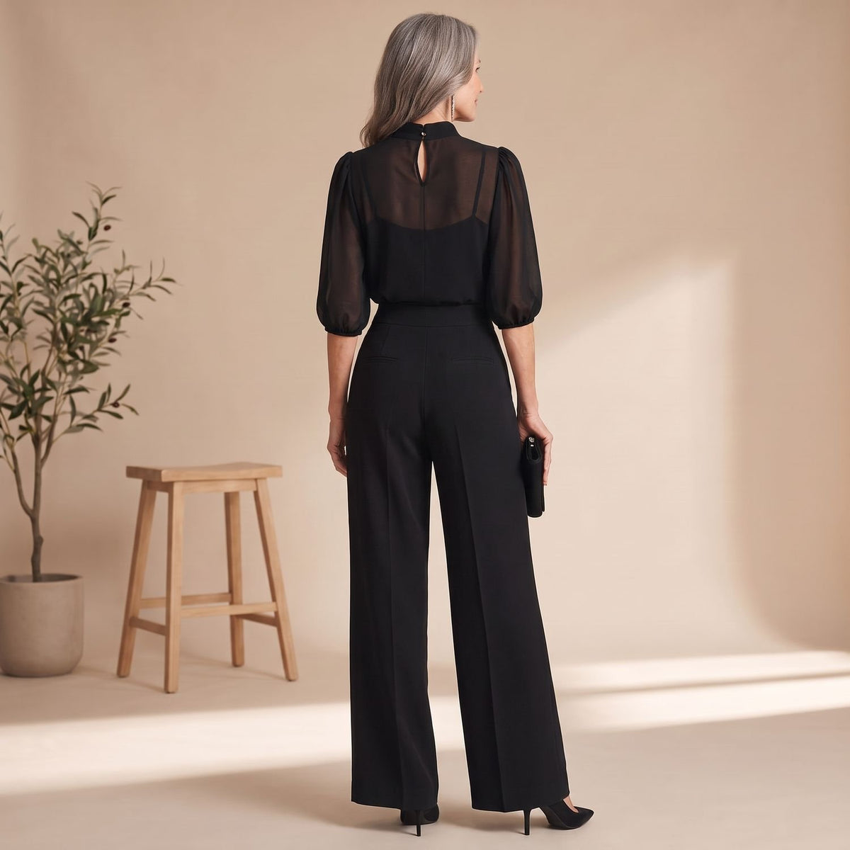 Women's 3 Piece Co Ord Set Sheer Mock-Neck Wide-Leg Pants