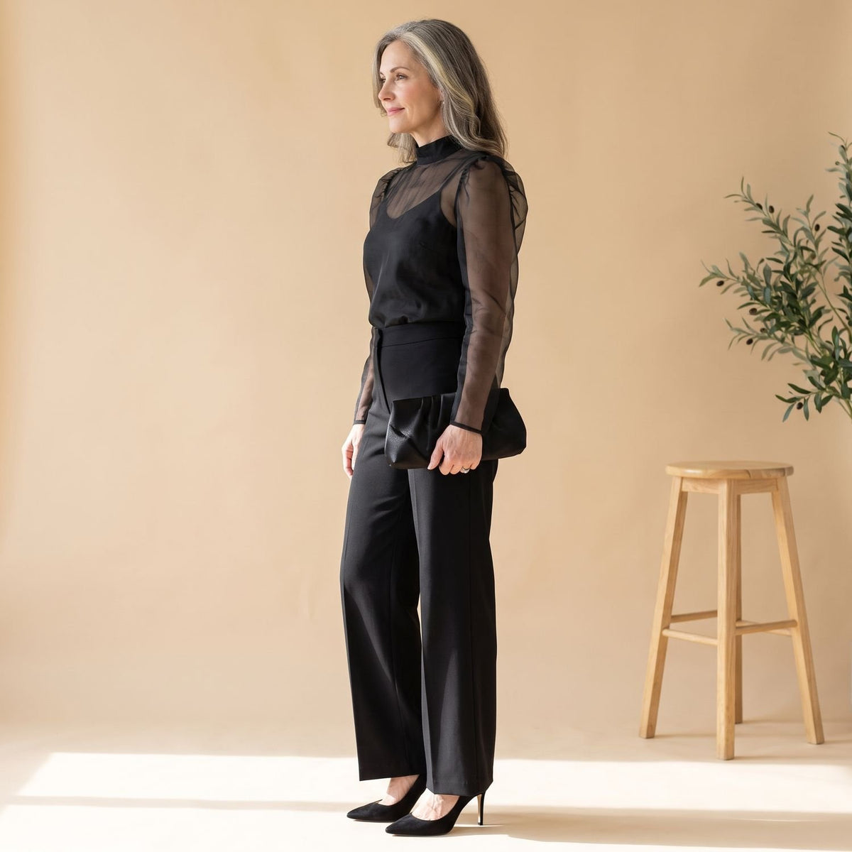 Women's 3 Piece Co Ord Set Sheer Mock-Neck Wide-Leg Pants
