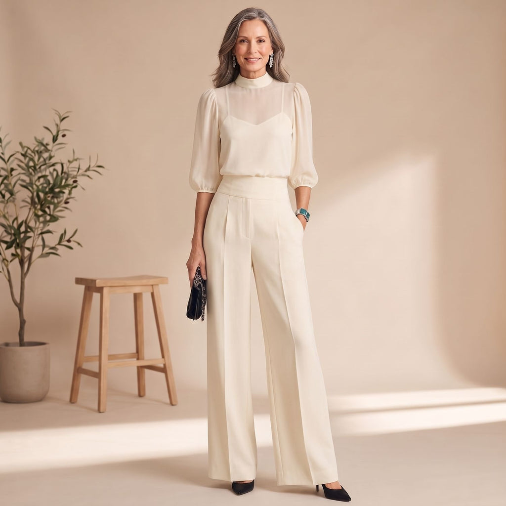 Women's 3 Piece Co Ord Set Sheer Mock-Neck Wide-Leg Pants - Cream