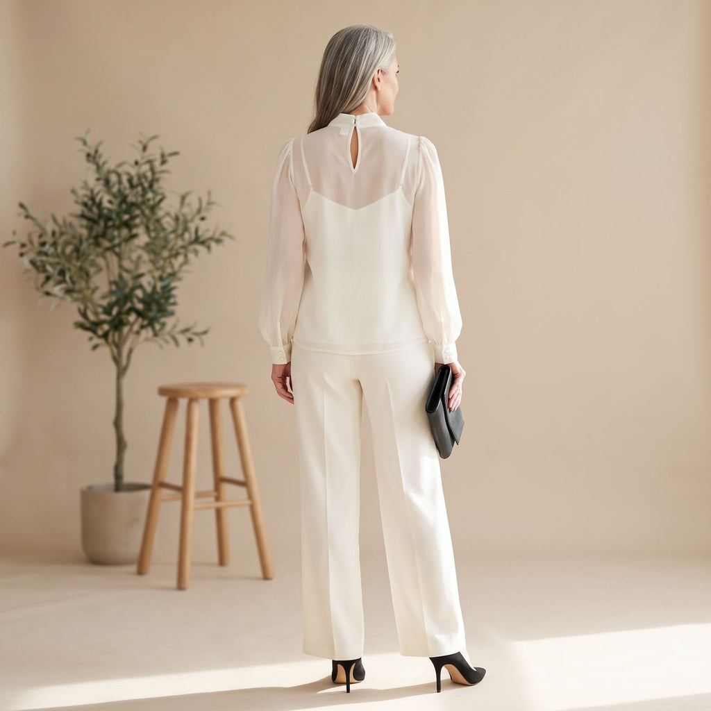 Women's 3 Piece Co Ord Set Sheer Mock-Neck Wide-Leg Pants