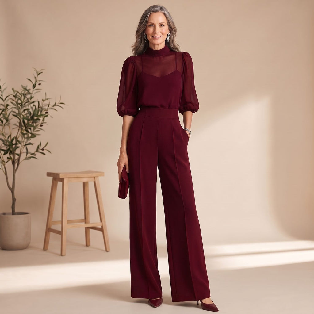 Women's 3 Piece Co Ord Set Sheer Mock-Neck Wide-Leg Pants - Burgundy