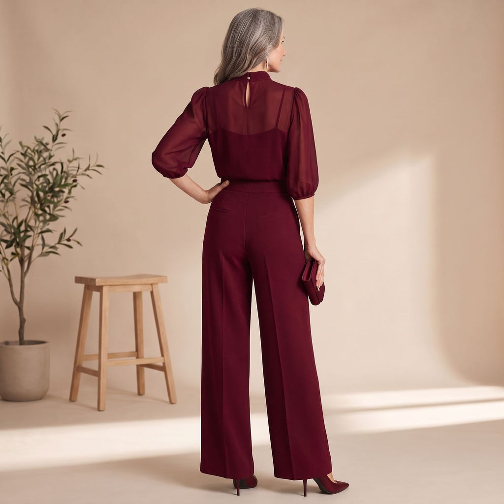 Women's 3 Piece Co Ord Set Sheer Mock-Neck Wide-Leg Pants