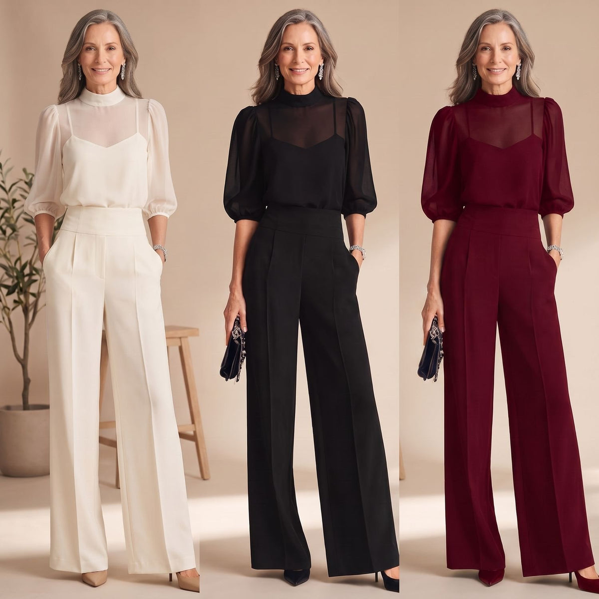 Women's 3 Piece Co Ord Set Sheer Mock-Neck Wide-Leg Pants