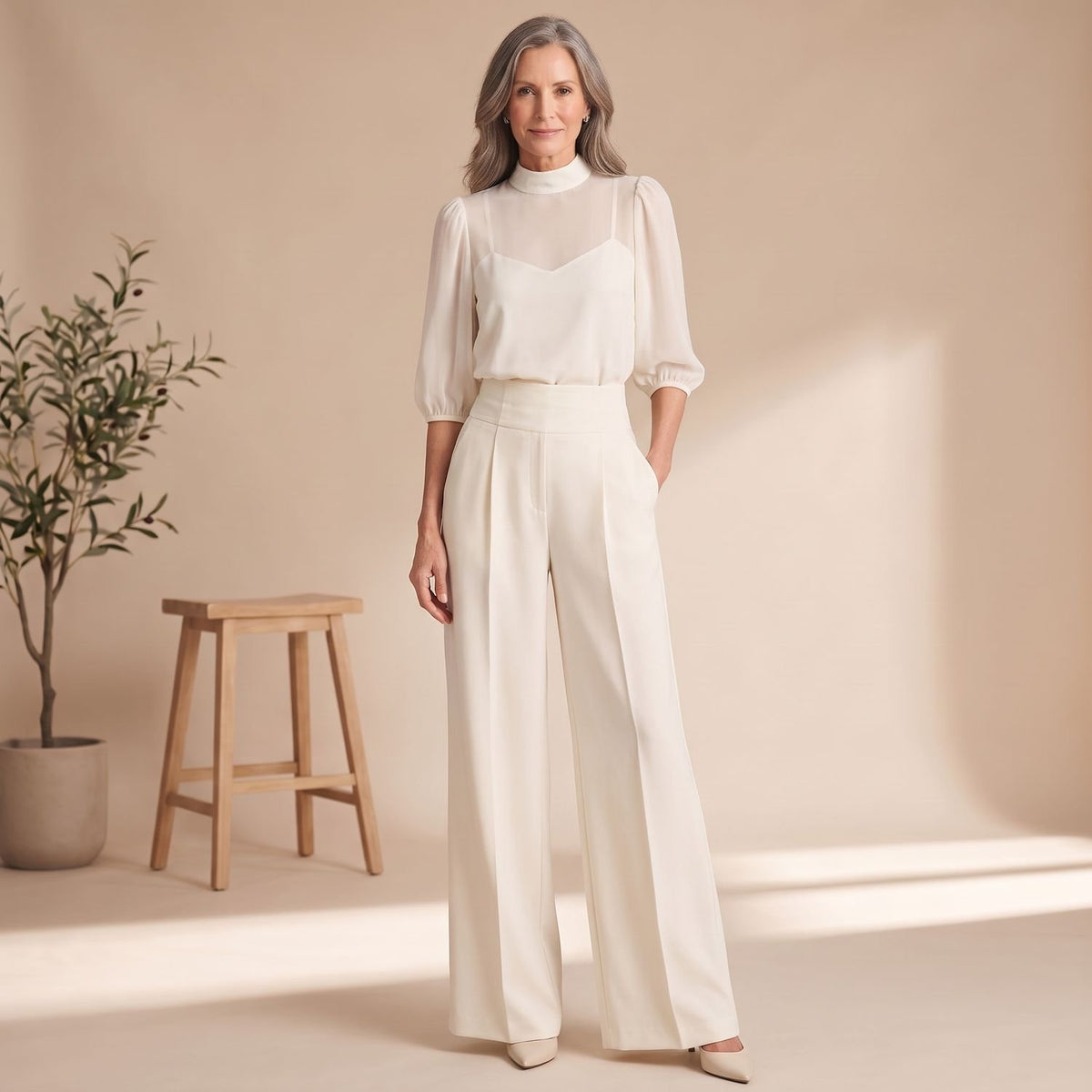 Women's 3 Piece Co Ord Set Sheer Mock-Neck Wide-Leg Pants