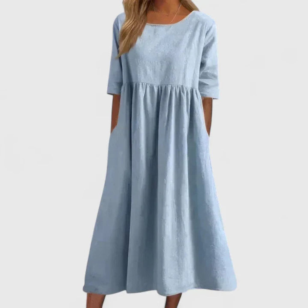 Women's A-Line Half Sleeve Long Dress Flowy Midi Pockets - Sky Blue
