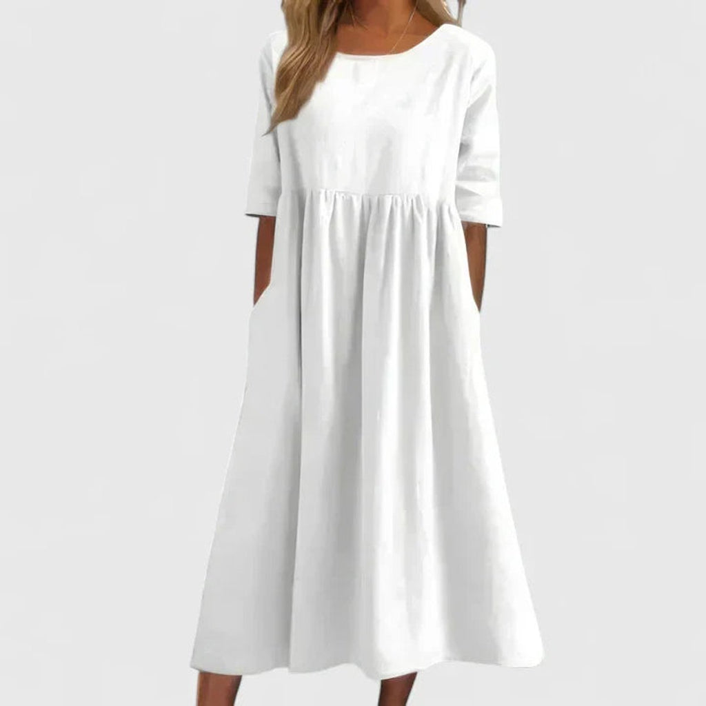 Women's A-Line Half Sleeve Long Dress Flowy Midi Pockets - White