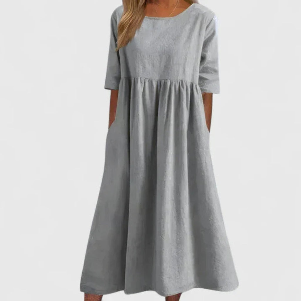 Women's A-Line Half Sleeve Long Dress Flowy Midi Pockets - Light Gray